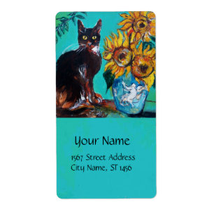 ETIQUETA FLORES COM GATO PRETO EM TURQUOSE AZUL