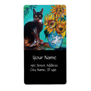 ETIQUETA FLORES COM GATO PRETO EM TURQUOSE AZUL