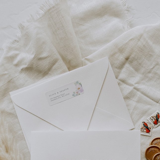 Etiqueta Flores de Água Púrpura Elegantes e Casamento Verde (Criador carregado)