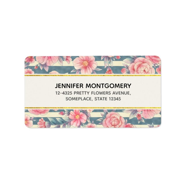 Etiqueta Flores de Aquarela Rosa em Stripes (Frente)