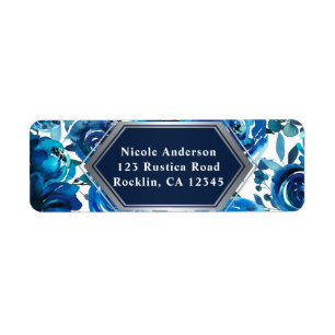 Etiqueta Flores Florais Azul Índigo Elegante Chique Casamen