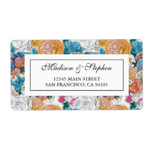 Etiqueta Flores pintados mão azuis & alaranjadas -