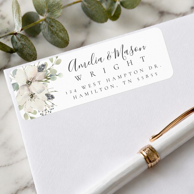 Etiqueta Flores Silvestres Bloom Script Elegante Endereço d (Greenery White Rose Elegant Script Return Address Label)