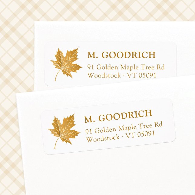 Etiqueta Folha de outono de Ochre. Endereço de retorno (Elegant Maple leaf return address label template. Fall, Autumn leaf, Thanksgiving address label.)