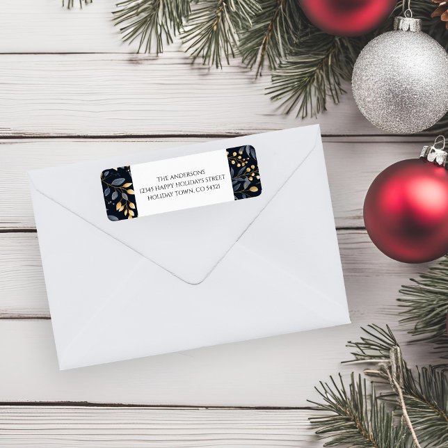 Etiqueta Folhas de Natal Modernas, Azuis E Douradas (Blue And Gold Christmas Leaf Return Address Labels)