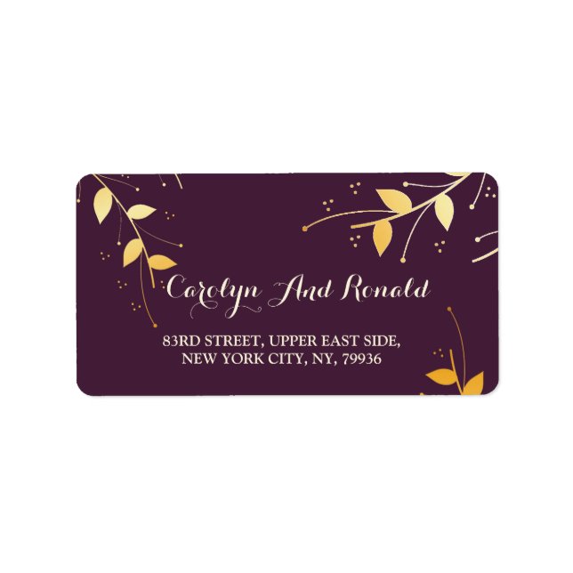 Etiqueta Folhas de Ouro Roxo Elegante (Frente)