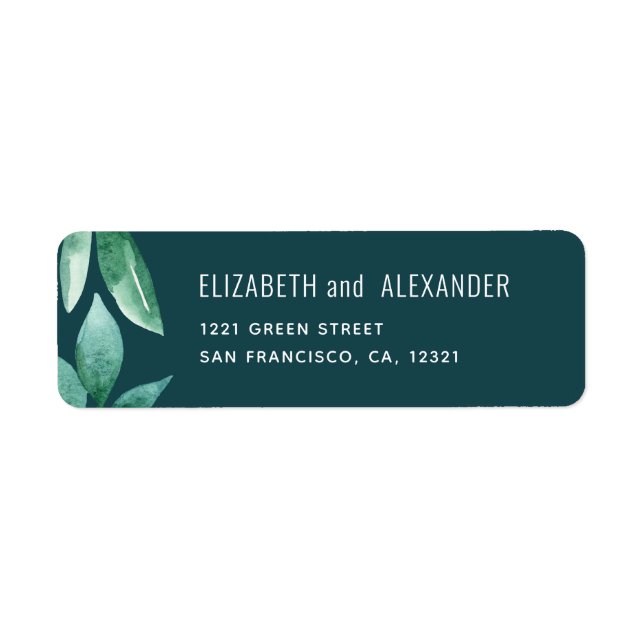 Etiqueta Folhas verdes em aquarela. Endereço do casamento t (Frente)