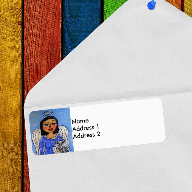 Etiqueta Folk Art Angel Angel Angel (Angel holding white cat angel on sky blue and white return address label.)