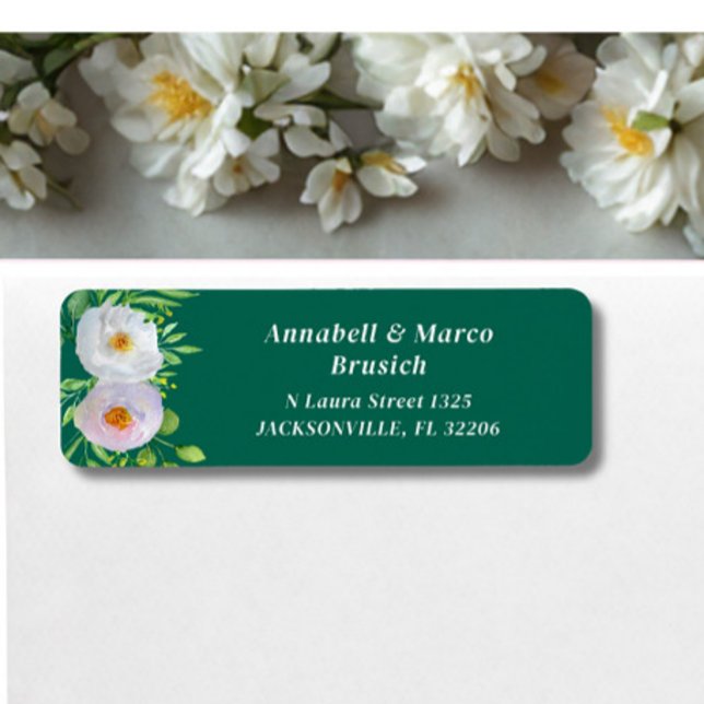 Etiqueta Forest Green White Floral Wedding Return Address (Criador carregado)