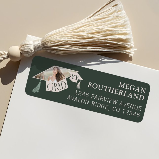 Etiqueta Formando Moderno Elegante Foto para Graduação de B (Elegant Modern Grad Cap & Tassel Graduation Photo Label)