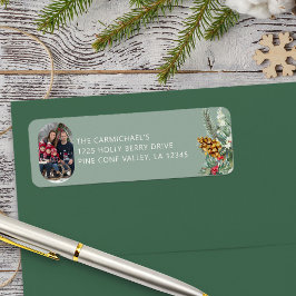 Etiqueta Foto da família Green Holly Pine Natal