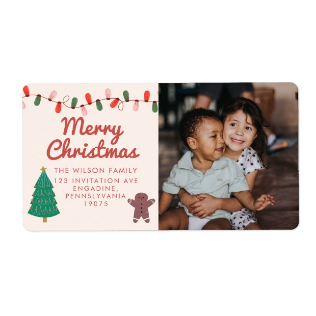 Etiqueta Foto da família natalícia Feliz Encontro de Natal (Frente)