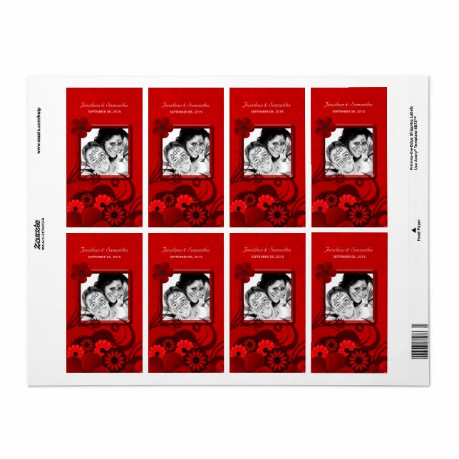 Etiqueta Foto De Casamento Floral Vermelho Escuro Favorece  (Folha completa)