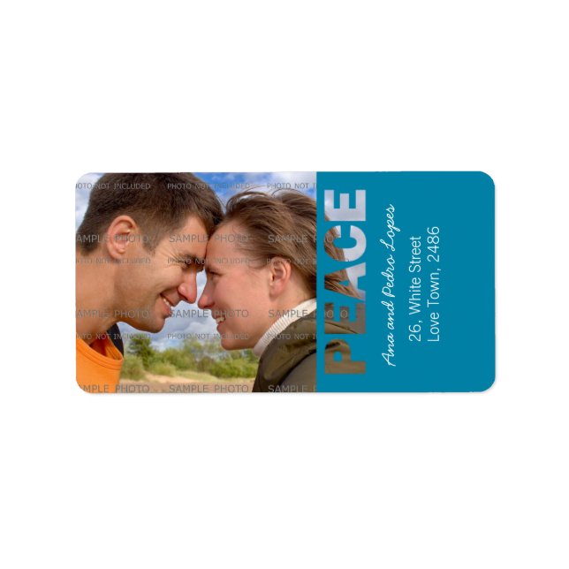 Etiqueta Foto de Férias Personalizadas da Paz de Natal Azul (Frente)