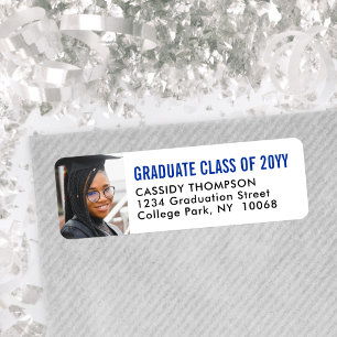 Etiqueta Foto de Graduação Azul Branco Endereço de Devoluçã