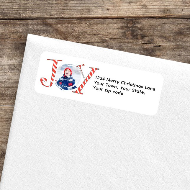 Etiqueta Foto de retorno em branco Natal (Christmas "joy" typography return address label.)