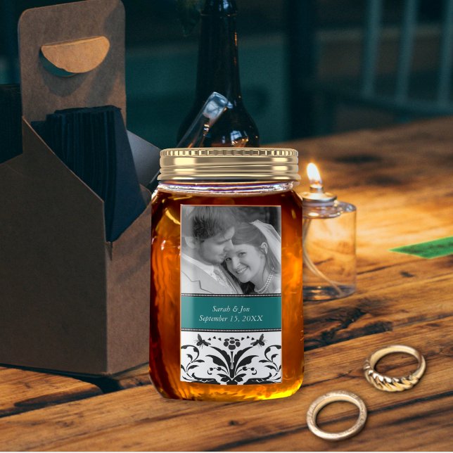 Etiqueta Foto do Noivado de casamento Damasco Salve a data (Criador carregado)