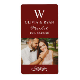 Etiqueta Foto Rustic Dark Red Wedding Monograma