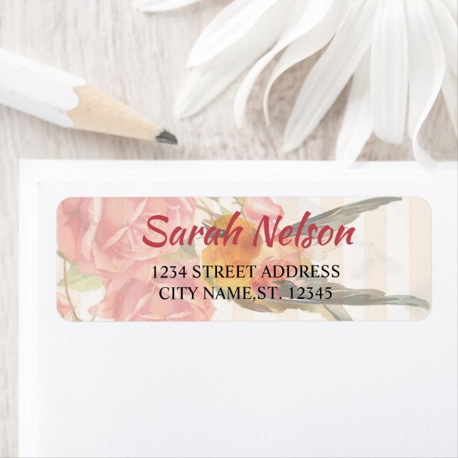 Etiqueta Fundo Com Tiras, Rosas E Colibri Rosa (Insitu)