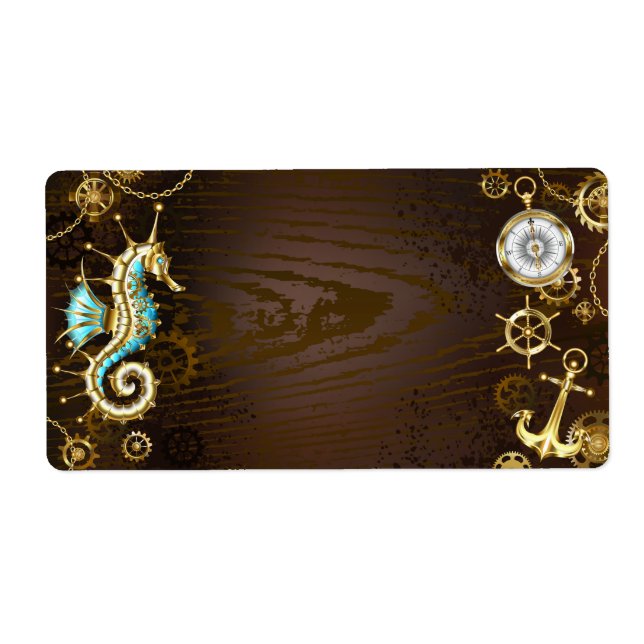 Etiqueta Fundo de madeira com cavalo de mar mecânico (Frente)