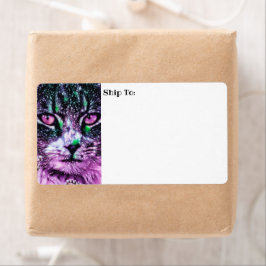 Etiqueta Galáxia Cósmica Gato Starry Skies Roxo E Verde