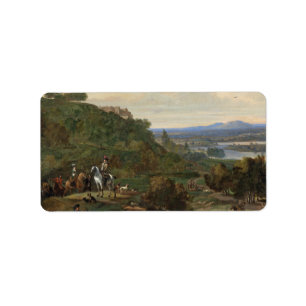 Etiqueta Garça-real que Hawking abaixo do castelo c1690 de