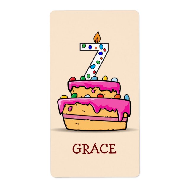 Etiqueta Garota 7 de Aniversário, 7 no Bolo Rosa Doce (Frente)