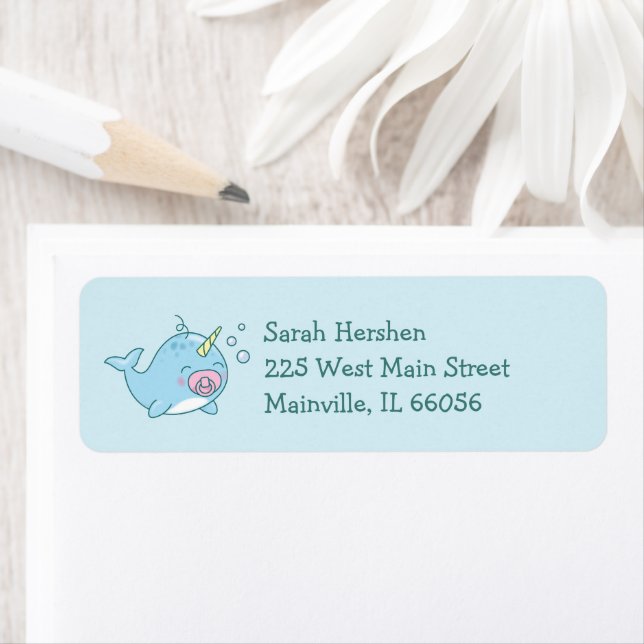 Etiqueta Garota Rosa Chá de fraldas Kawaii, Cute Narwhale (Insitu)