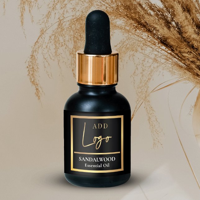 Etiqueta Garrafa De Dropper De Óleo Essencial Preto E Doura (Stylish black and gold effect essential oil dropper bottle stickers with logo and product info)