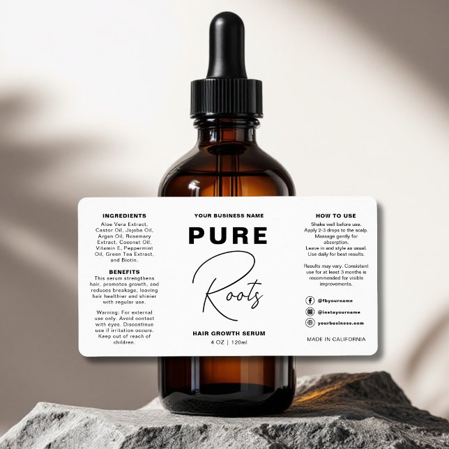 Etiqueta Garrafa Mínima de Óleo de Cabelo Preto e Branco (Criador carregado)