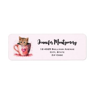 Etiqueta Gatinho Bonito num Teacup com Corações