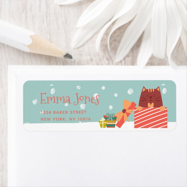 Etiqueta Gato Bonito com Natal Presente Aqua Natal Verde (Insitu)