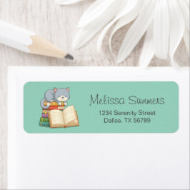 Etiqueta Gato Bonito em cima de uma Pilha de Livros em Verd