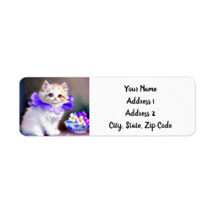 Etiqueta Gato branco com pintura de colarinho de flores rox