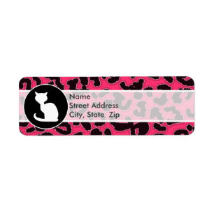Etiqueta Gato branco no impressão do leopardo do rosa