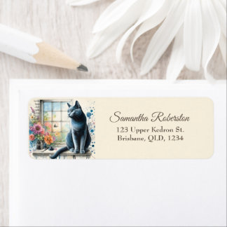 Etiqueta Gato de Cinza Azul Russo na Flor de Verão