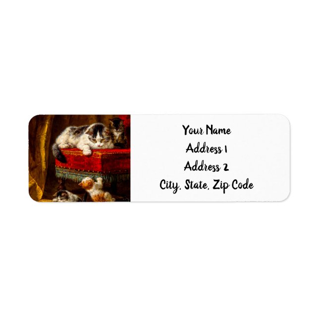 Etiqueta Gato e Gatinhos Brincando com Cadeira (Frente)