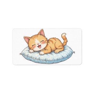 Etiqueta Gato Feliz Sonhando em uma Almofada Aconchegante