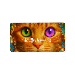 Etiqueta Gato Floral Sonho Místico com Olhos de Arco-Íris  