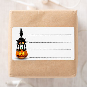 Etiqueta Gato Halloween Caricatura Assustada na Pumpkin