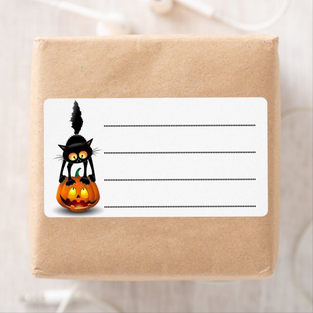 Etiqueta Gato Halloween Caricatura Assustada na Pumpkin (Insitu)