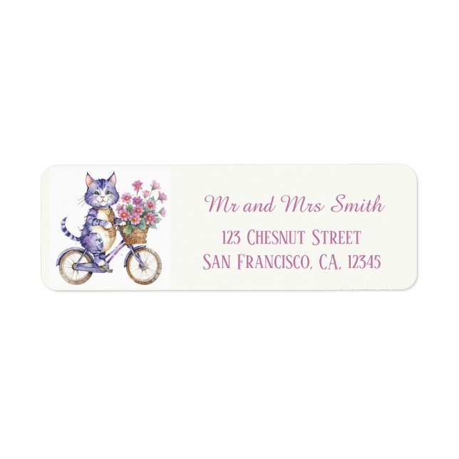 Etiqueta Gato Roxo andando de bicicleta com flores (Frente)