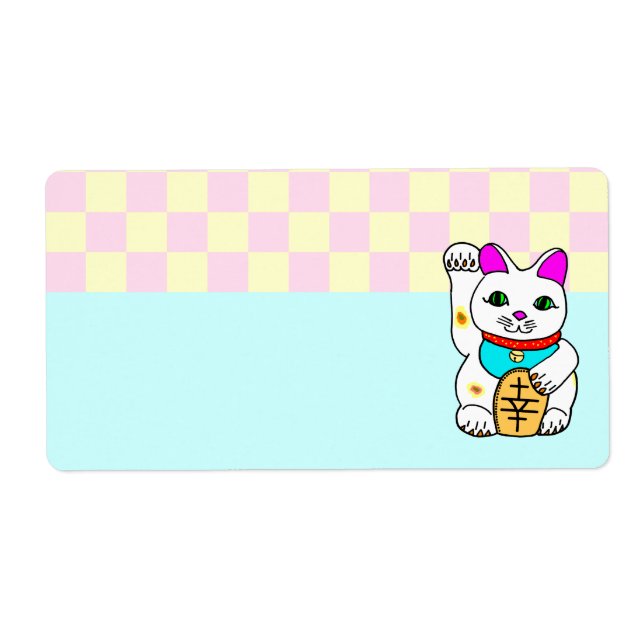 Etiqueta Gato Sortudo Kawaii Maneki Neko Xadrez (Frente)