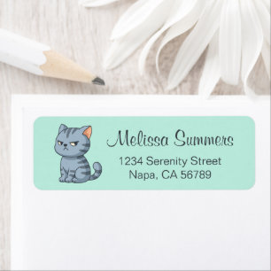 Etiqueta Gato Tabby Cinza Mal-Humorado no Verde