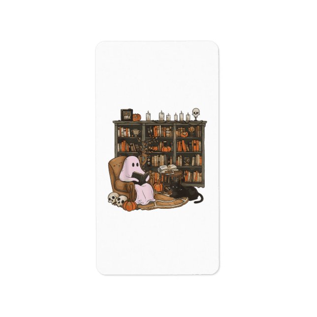 Etiqueta Ghost Reading Book Cat lover Halloween (Frente)