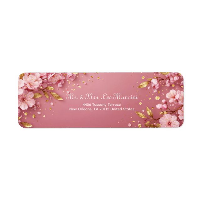 Etiqueta Gilded Gold Leaf Pink Cherry Blossom (Frente)