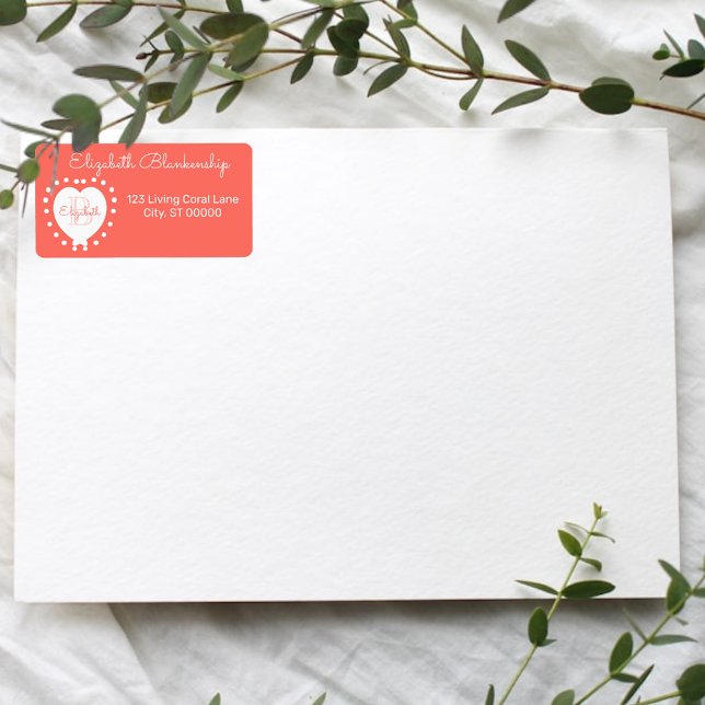 Etiqueta Girly Monogramas Coral Heart Dots Modelo (address label used as return address lable)