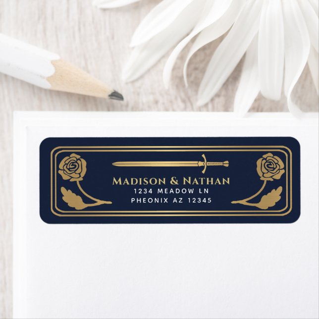 Etiqueta Gold Blue Medieval Fantasy Sword Wedding Label (Insitu)
