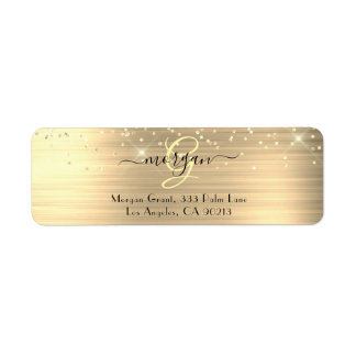 Etiqueta Gold Glitter & Monogram, Black Script Name Address