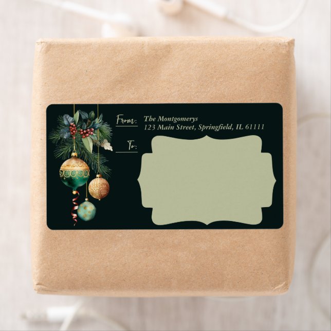 Etiqueta Gold Green Christmas Ornaments Shipping (Insitu)